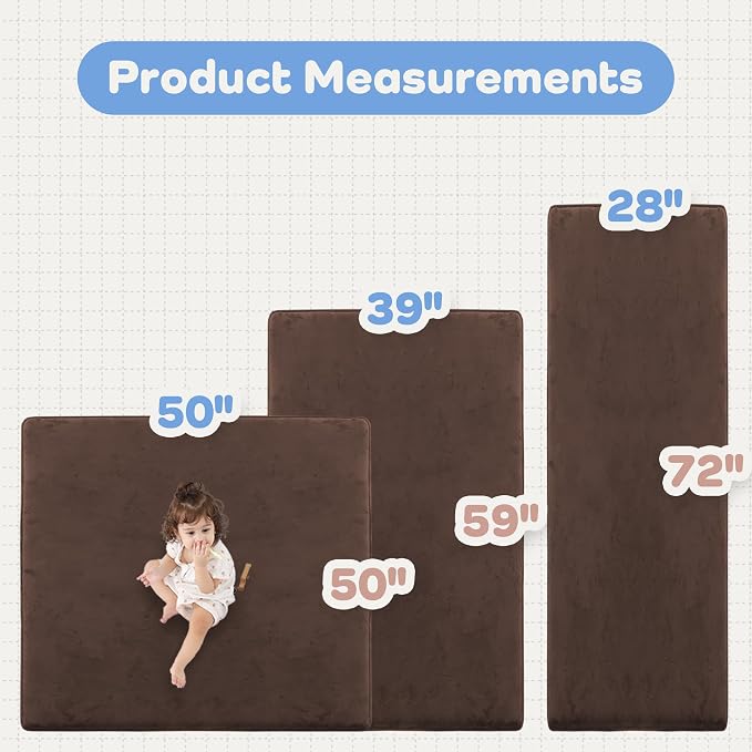 1.3" Thick Baby Floor Play Mat 50x50 Padded Foam Mat for Kids Brown | Memory Mat for Baby to Play on Floor Waterproof Easy Care with Non-Slip Tummy Time Play Mat for Nursery Playroom Classroom