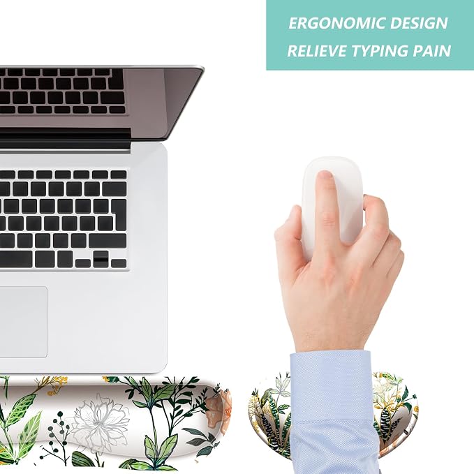 Keyboard Wrist Rest Mouse Wrist Support Set, Memory Foam Wrist Rest Pad for Computer Laptop Keyboard Mouse, Ergonomic Wrist Cushion Support for Typing Pain Relief, Gaming Home Office, Flower White