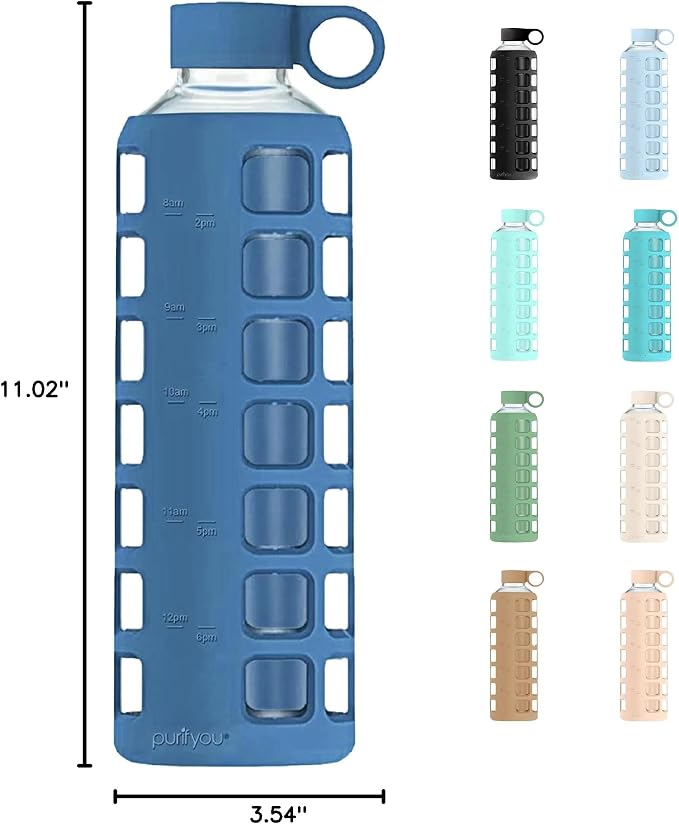 purifyou 40oz / 32oz / 22oz / 12oz Borosilicate Glass Water Bottle with Time & Volume Markers, Silicone Sleeve, Stainless Steel Lid | Reusable Glass Bottle for Water & Juice (40oz Chinese Porcelain)