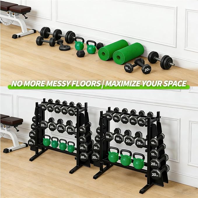 Heavy Duty Dumbbell Rack, 2-Side Extension Holder for Home Gym Storage Rack | Adjustable Width, Large Weight Capacity, Sturdy Steel Stand Only, for Dumbbells & Kettlebells Home Gym Storage Rack