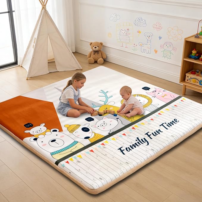 RONGFA Baby Play Mat for Floor, 71'' x 59'' Thicken Foam Padded Playmat for Tummy Time, Playpen Mat for Toddlers Infant Kids, Water-Repellent Coral Velvet, Non-Slip Bottom Safe for Crawling (Animal)