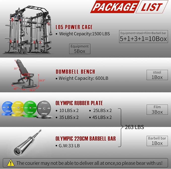 Smith Machine,Multi-Function Squat Rack Power Cage with Cable Crossover System,with Optional Weight Bench, Olympic Barbell Weight Set, for Home Gym