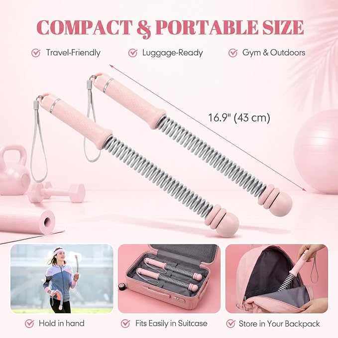 8pcs Ropeless Battle Rope Workout Kit for Women with Resistance Springs, Pink Adjustable Weighted Home Gym Equipment, Includes Gloves, Towel, Headband, Wristbands, Storage Bag & Gift Box