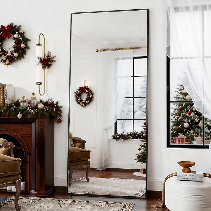 BEAUTYPEAK Full Length Mirror with Stand, 65"x24" Floor Mirror | ShatterVue Tempered Full Body Mirrors with Aluminum Alloy Thin Frame, Standing or Wall-Mounted Mirrors for Living Room, Black