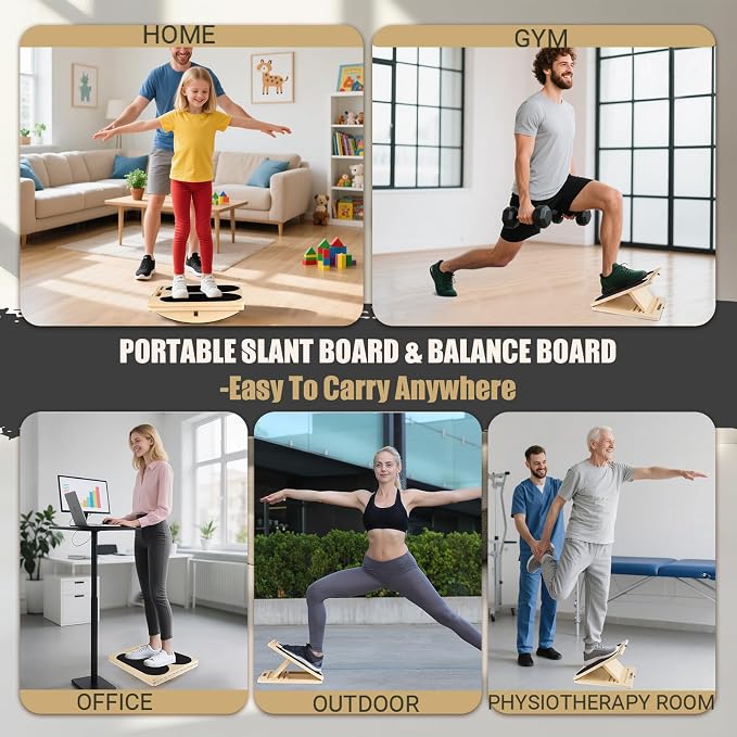 3-in-1 Slant Board & 180°/360° Balance Board, 300 LBS Capacity Calf Stretch | Training Poster, 6 Adjustable Angles, Non-Slip Calf Mobility Board for Legs, Ankles, Knees, Heels, Physical Therapy & wobble