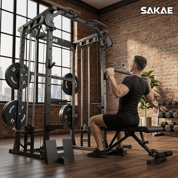 SAKAE Squat Rack with Cable Crossover System, Power Rack with LAT Pull Down, Pull-Up Bar, Dip Bars, Weight Bench, 260 LB Bumper Plates, 7 FT Olympic Bar & Training Attachments, Multiple Options
