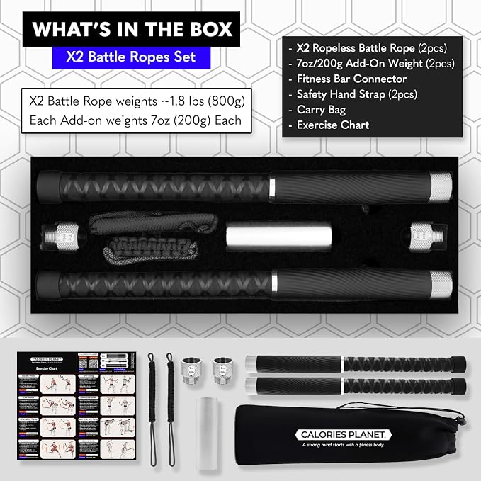X2 Ropeless Battle Ropes Adjustable Weight - Wrist Friendly Structure, Stackable Add-On Weights, Rope & Bar Dual Forms Transformable, Professional Cordless Battle Ropes