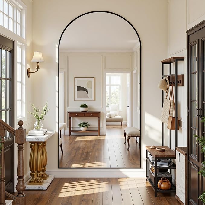 Full Length Mirror 90" L x 46" Full Body Standing Mirror for Bedroom, Living Room, Gym, Dorm - Shatter-Resistant & Easy Assembly, Arched Style Black