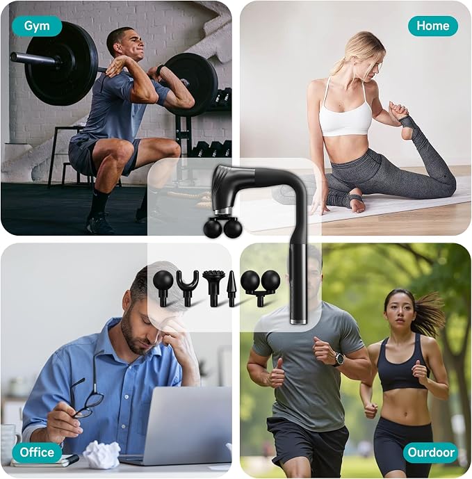 Double-Head Elbow Massage Gun, Detachable Extended Handle, 12 Levels Adjustable, 5 Heads are Replaceable