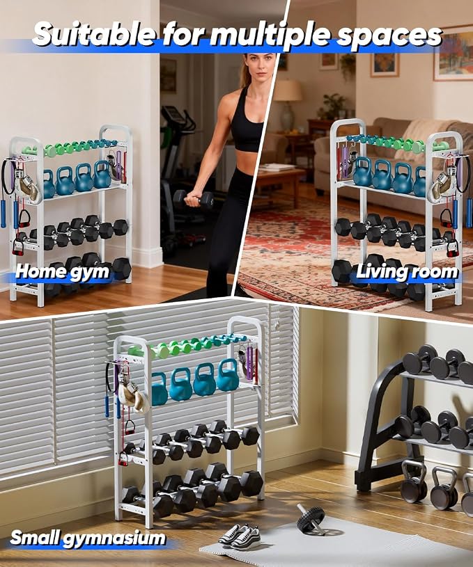 Adjustable Dumbbell Rack, Weight Storage Stand Holder for Dumbbells & Kettlebells, Heavy-Duty Home Gym Organizer with 6 Hook for Home Gym Equipment Accessories (Rack Only)