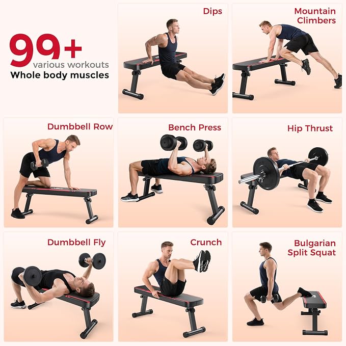FLYBIRD Foldable Flat Weight Bench for Home Gym, 600/1000 lbs Capacity with Dual Locking for Strength Training, Easy Setup & Storage for Small Apartments, Lifting, Hip Thrust, Dumbbell Workout (B-Red-01)