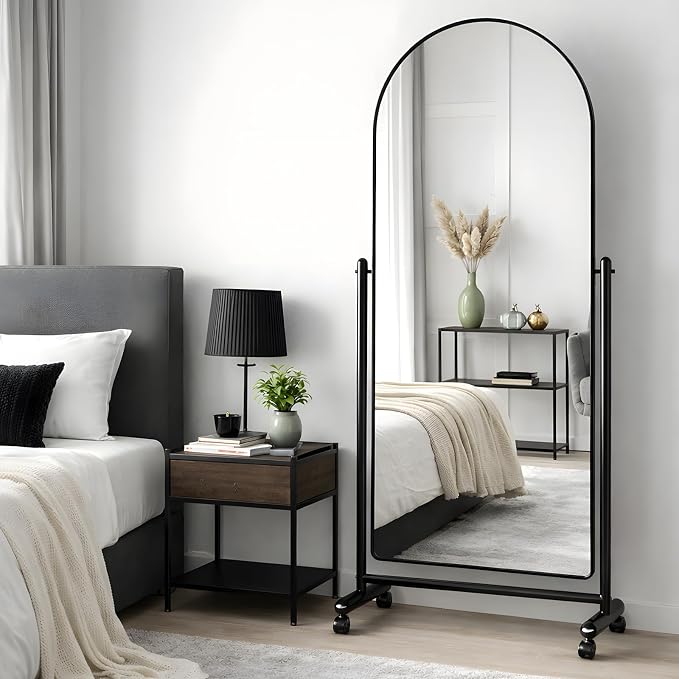Arched Full Length Rolling Mirror on Wheels, 65"Lx24"W Large Modern Tilting Swivel Mirror with Tempered Glass & Metal Frame, Use for Dressing,Dance Studio,Fitness,Home Gym, Barbershop (Black)