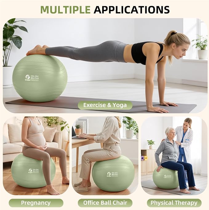 Gruper Yoga Ball, Extra Thick Non Slip Exercise Ball for Workout, Yoga, Pregnancy, 4 Sizes Anti Burst Chair for Home and Office, Includes Foot Pump & Fitness Guide