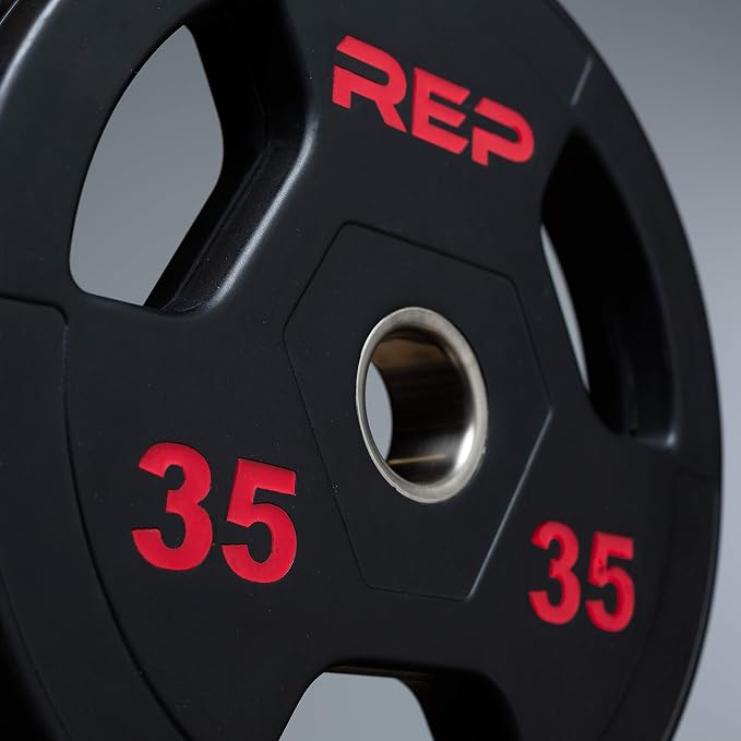 REP Fitness Rubber Coated Olympic Plates, Updated Design - Tri-Grip Olympic Barbell Weights – Sold in Pairs and Sets…