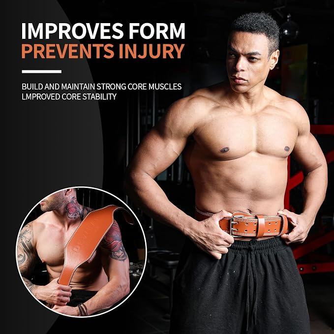 Leather Weight Lifting Belt, 4”& 6”Padded Lumbar Back Support, 10 Adjustable Holes, Gym Weight Belt Ideal for Deadlift, Powerlifting, Bodybuilding and Squat