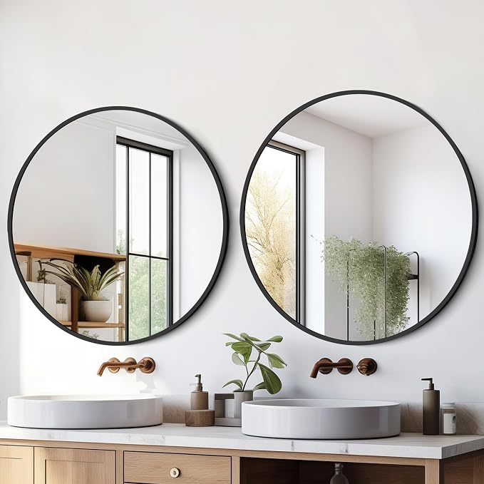 Black Round Mirror 22 Inch, Circle Wall Mirrors with Metal Frame, Wall Mounted Circular Mirror for Bathroom, Vanity, Entryway, Living Room, Hallway, Wall Decor
