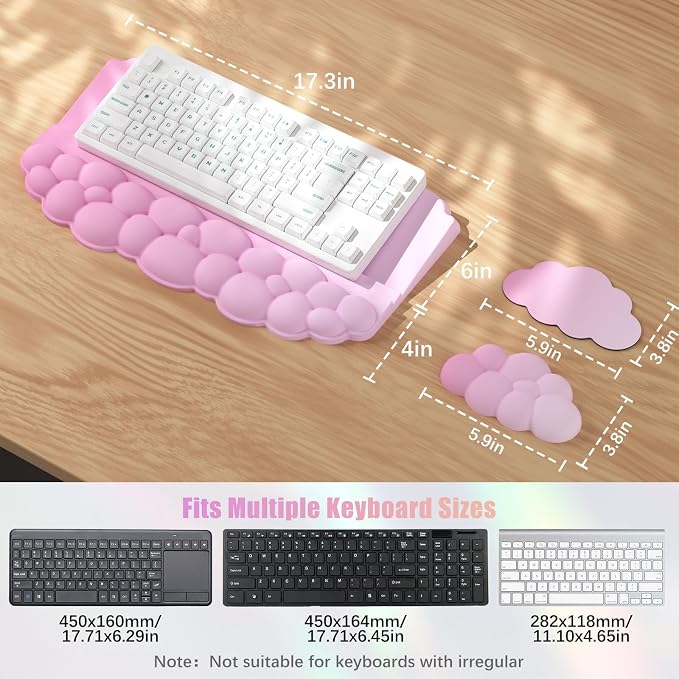 Wrist Rest with Keyboard Stand, Ergonomic Computer Wrist Support Pad | Cloud Keyboard Riser Holder with Wrist Pad, Memory Foam Desk Cushion, Palm Hand Typing for Office Home School-Pink