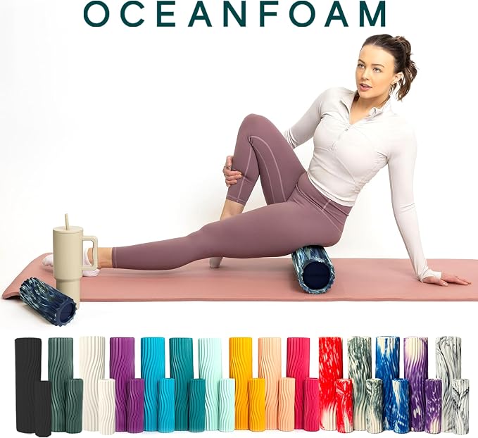 Oceanfoam Ripple Travel Foam Roller (11" x 3.35") Firm Mini Foam Roller for Physical Therapy, Deep Tissue Massage, Back Pain - High Density, Wave Textured - Yoga (Dark Navy, Hunter & Seafoam Marbled)