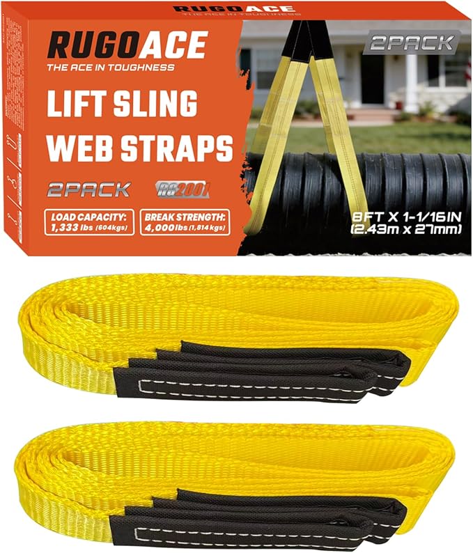 Polyester Lift Sling Web Straps 1 in x 8 ft 4000 lbs WLL 2-Pack, RUGOACE | Reinforced wear guard loop ends for hoist rigging machinery tree saver furniture lifting. 1333 lbs working load limit