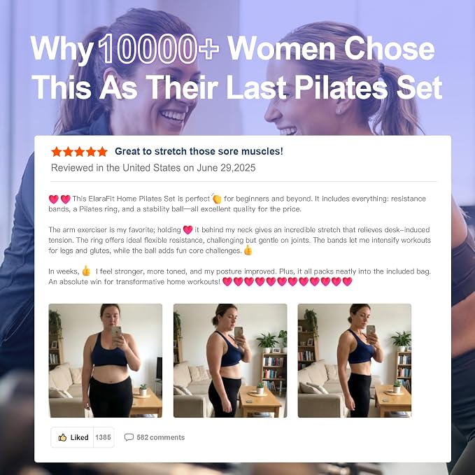 Home Pilates Ring and Ball Set for Women with 5 Resistance Bands 13 inch Magic Circle Workout Starter Kit for Beginners Full Body Toning 15 Min Daily Routine