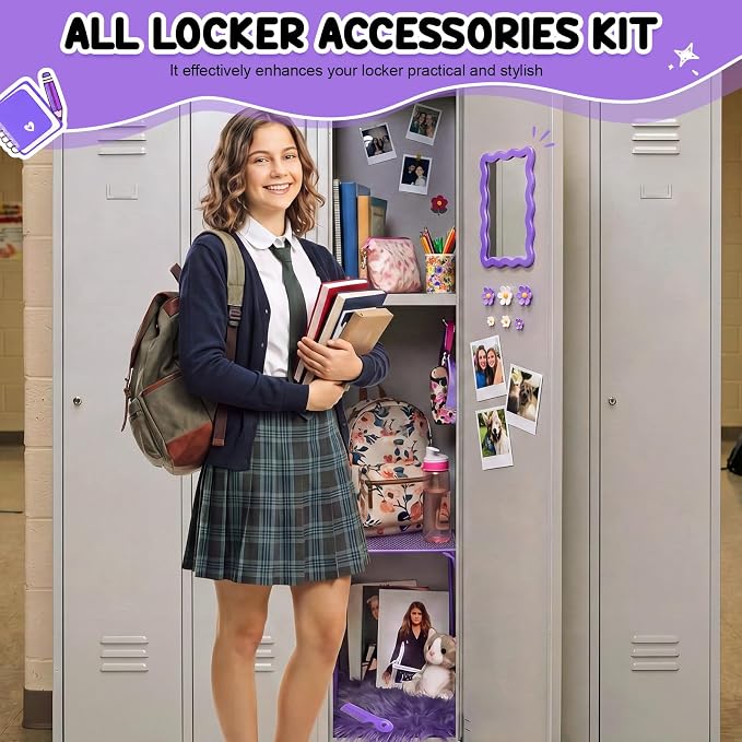 RattanView 10 Pcs Locker accessories Kit Magnetic Acrylic Mirror Plush Rug Small Comb 6 Flower Magnet Locker Organizer for Back to School Teen Student Girl Office Work Lockers Decoration Gift(Purple)