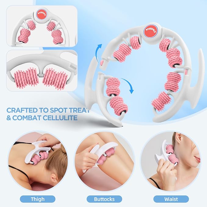 Cellulite Massage Tool - Lymphatic Drainage Massager - Muscle Roller, Deep Fascia Massage, Dimpled Skin Removal, Legs/Thighs/Buttocks, Anti-Cellulite Roller, Smooth Skin (14 Wheel - Pink)