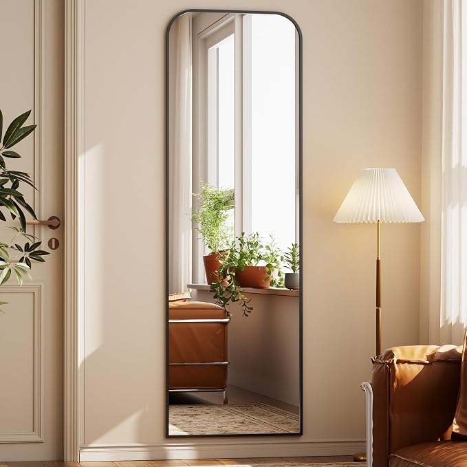 Full Length Mirror 56"x21" Arched Floor Standing Large Mirrors | Full Body Mirror with Stand - with Aluminum Frame for Bedroom Living Room, Black