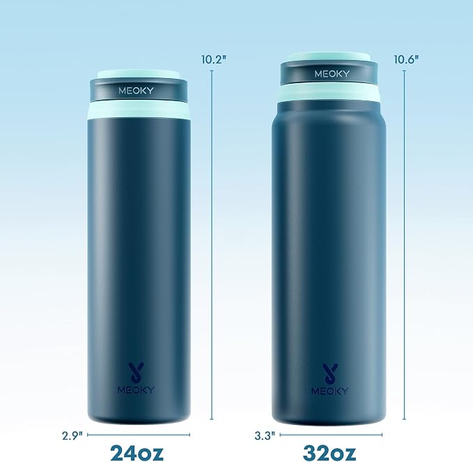 Meoky 24 oz Insulated Stainless Steel Water Bottle: Flip-to-Pop Straw, Leak Proof, 24H Cold, Wide Mouth, BPA-Free, Non-slip Base, Gym Water Bottle for Men Teen Boys, Denim