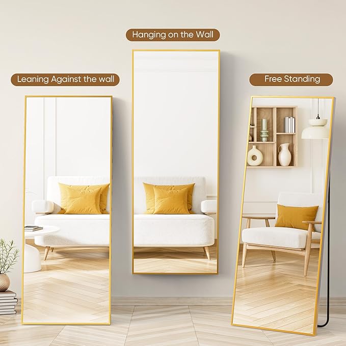 NEWBULIG 71"x26" Full Length Mirror, Full Body Standing Mirror, Gold | Leaning or Standing, Tempered Glass, Aluminum Alloy Thin Frame Floor Stand for Bedroom, Cloakroom