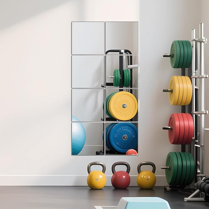 Ruomeng Full Length Mirror Tiles - 12 Inch x 8Pcs Frameless Wall Mirror Full Body Mirror for Home Gym Vanity Bedroom, Living Room