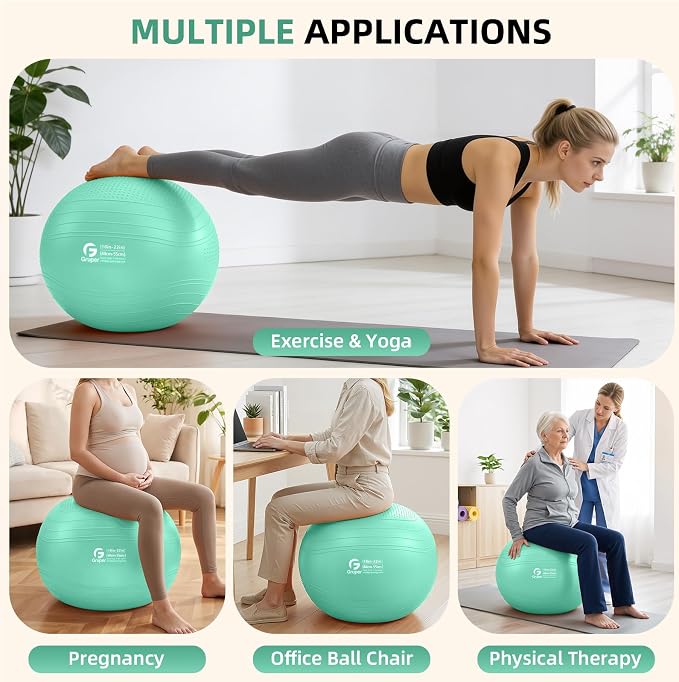 Gruper Yoga Ball, Extra Thick Non Slip Exercise Ball for Workout, Yoga, Pregnancy, 4 Sizes Anti Burst Chair for Home and Office, Includes Foot Pump & Fitness Guide