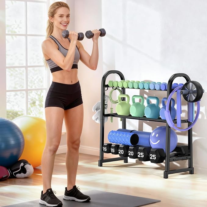 3 Tier Dumbbell Rack - Weight Rack for Home Gym: 360LB, Stand Only | Heavy Duty Adjustable Storage Rack with Hooks, Dumbbell Stand & Weight Holder, Organizer Shelf for Home Gym