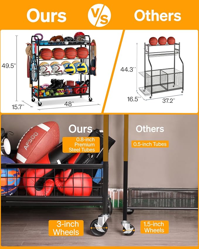 EXTCCT Garage Sports Equipment Organizer - Rolling Ball Storage Bin with Wheels, Garage Sports Gear Rack Outdoor Basketball Racks for Balls with Baseball Bat Holder and Hooks, Toy Organizer