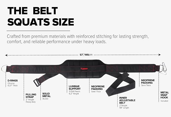 Belt for Belt Squats, Rack Attachment & Squat Machine, Weight Lifting&Powerlifting – Back Support, Low-Profile, Padded Hip & Thigh, Secure Buckle, Heavy Duty