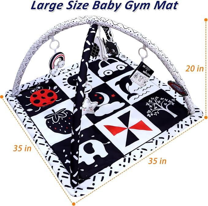 Poycuna Black and White Baby Gym Play Mat with 6 Toys Tummy Time Activity Mat for Babies 0-6 6-12 Months High Contrast Baby Gyms & Playmats Sensory Toys Newborn Brain Development Infant Play Mat