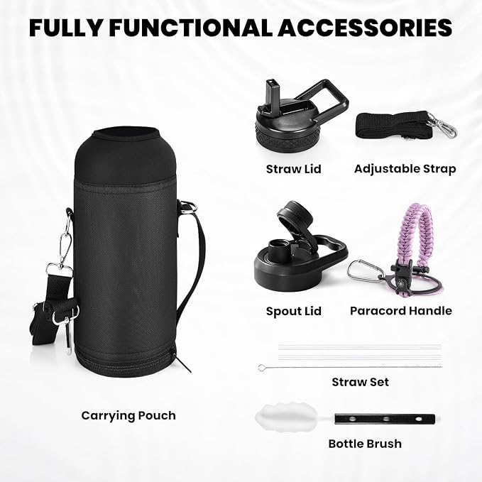 RAYMYLO Insulated Water Bottle 40 oz, Triple Wall Vacuum Stainless Steel | (Cold for 36Hrs, Hot for 18Hrs), Leak Proof & Non-BPA, Modern Water Flask Jug with Paracord Handle & Straw Spout Lids