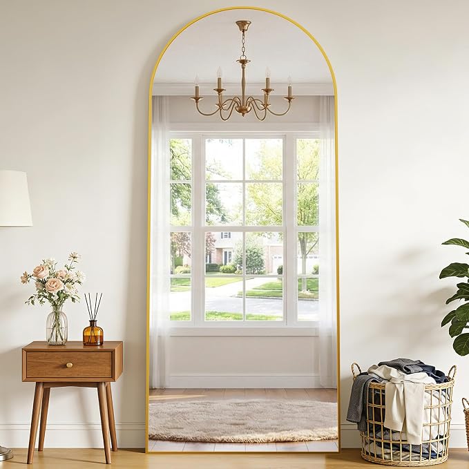 69"x28" Arched Full Length Mirror with Stand, Free Standing Leaning Wall Mounted Aluminum Alloy Frame Mirror for Bedroom Living Room Cloakroom, Gold