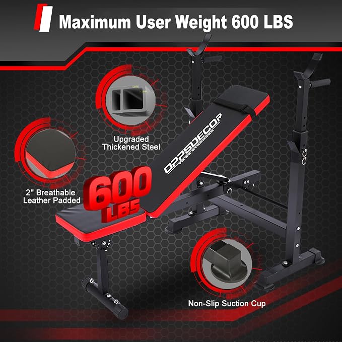 OPPSDECOR 900LBS Weight Bench Set for Home Gym, 6-in-1 Foldable Bench Press Set with Leg Extension, Leg Curl, Preacher Curl Pad, Barbell Rack, Squat Rack for Full Body Workout, Strength Training
