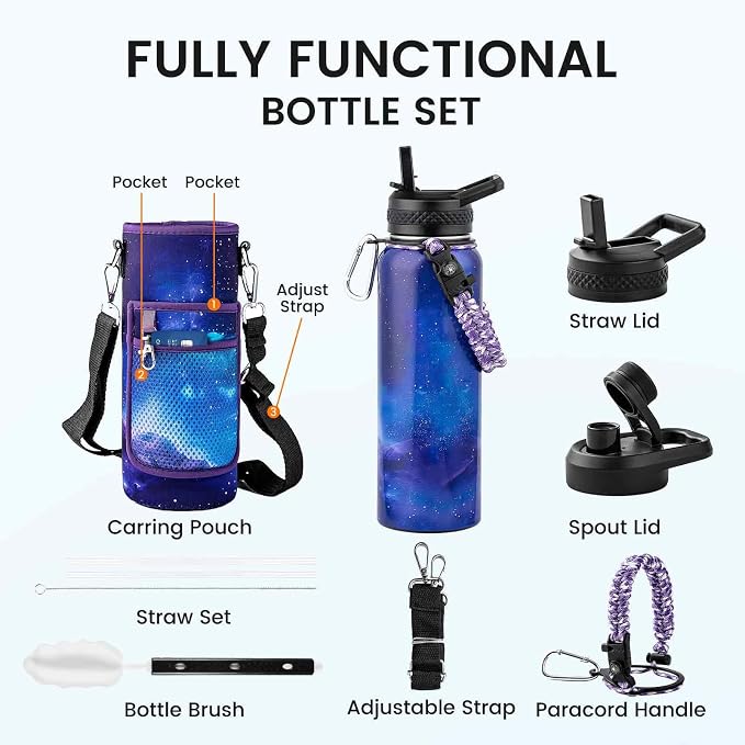 RAYMYLO Insulated Water Bottle 40 oz, Triple Wall Vacuum Stainless Steel | (Cold for 36Hrs, Hot for 18Hrs), Leak Proof & Non-BPA, Modern Water Flask Jug with Paracord Handle & Straw Spout Lids