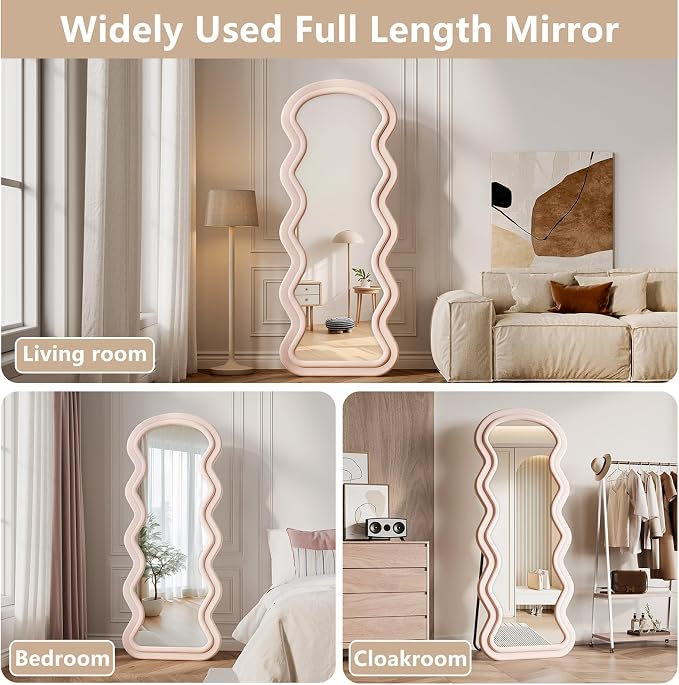 Full Length Mirror, 71"x32" Wavy Full Body Mirror Flannel | Full Body Mirror with Stand, Flannel Floor Mirrror Bedroom and Living Room, Wall Mirror Hanging or Leaning, Pink