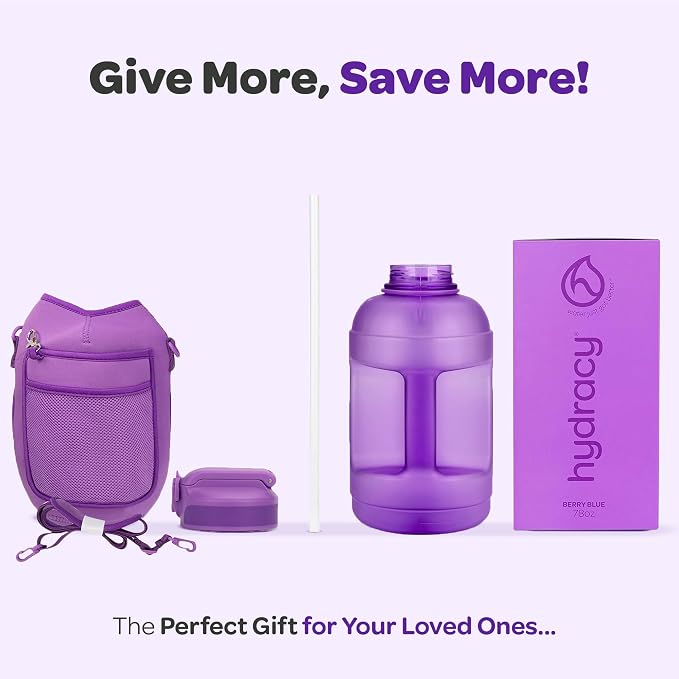 Hydracy Motivational Water Bottle with Time Marker and Straw Lid 78 oz | Leakproof,BPA Free,No Sweat Neoprene Sleeve,Carry Strap,Daily Intake Tracking for Fitness & Outdoors