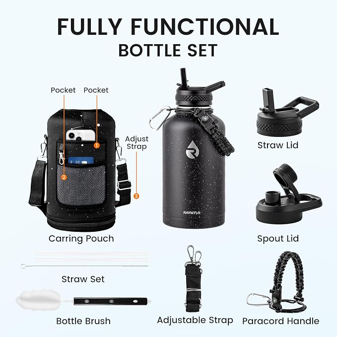 RAYMYLO Insulated Water Bottle 64 oz, Triple Wall Vacuum Stainless Steel | (Cold for 48 Hrs), Leak Proof & Non-BPA, Half Gallon Water Flask Jug with Paracord Handle & Straw Spout Lids