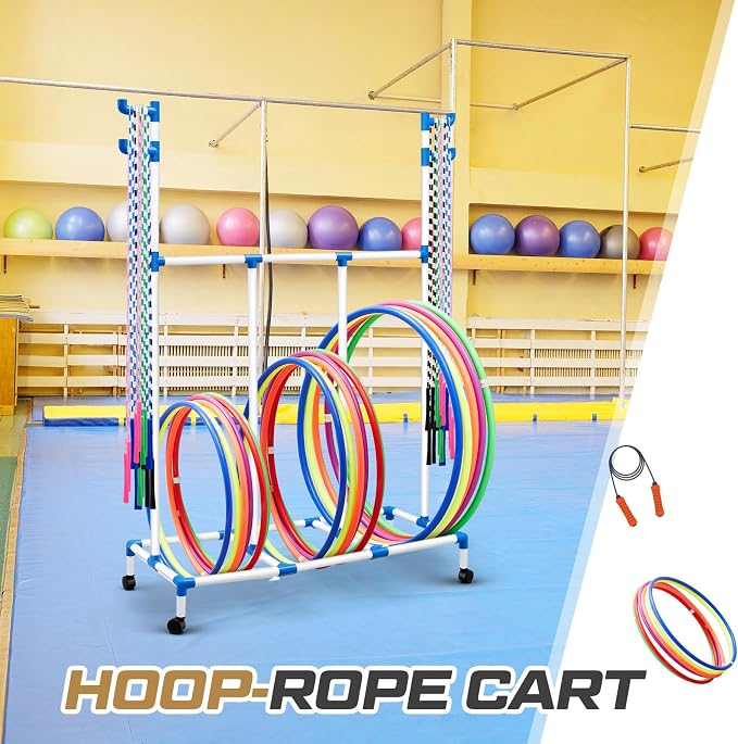Hoop Rope Cart Plastic Hoop Jump Rope Rack Cart with Wheels PE Equipment Rack for Elementary School Primary School Movable Garage Rolling Ball Holder Gym Sports Gear, 48 x 74 x 21.65 Inch