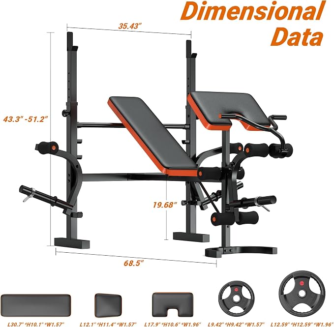 XDDIAS Weight Bench, 770LBS Bench Press Set with Leg Extension, 6 in 1 Olympic Weight Bench for Home Gym, Adjustable Workout Bench with Rack & Preacher Pad, Flat Incline Bench for Weight Lifting