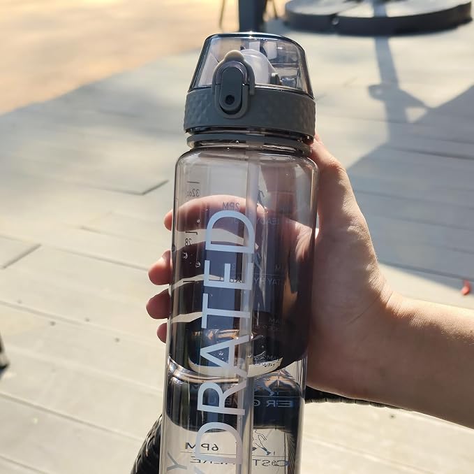 GOPPUS 32 oz Clear Water Bottle with Straw, BPA Free Tritan Water Bottle, Leakproof Clear Motivational Water Bottle, Wide Mouth Sports Water Bottle for Gym, Hiking, School, Office