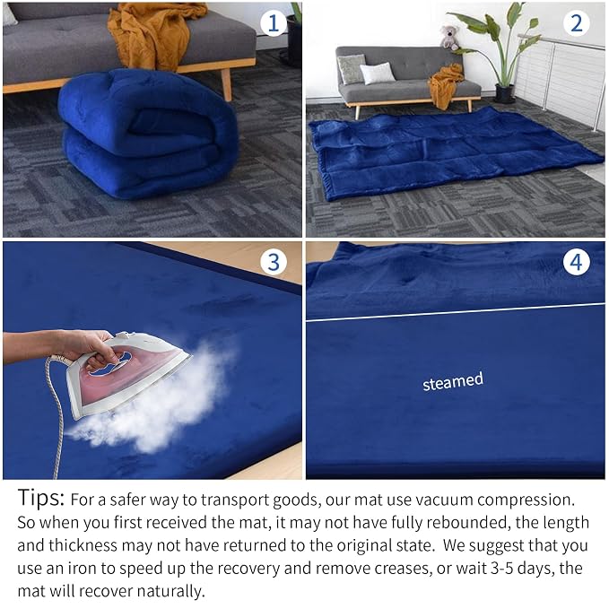 Huloo Sleep Baby Play Mat for Floor,1.3" Thick Elasti-Foam 50x50 Playpen Mat for Toddlers Infant Kids,Water-Repellent Soft Coral Velvet Tummy Time Non Slip Crawling,Tatami(Dark Blue)