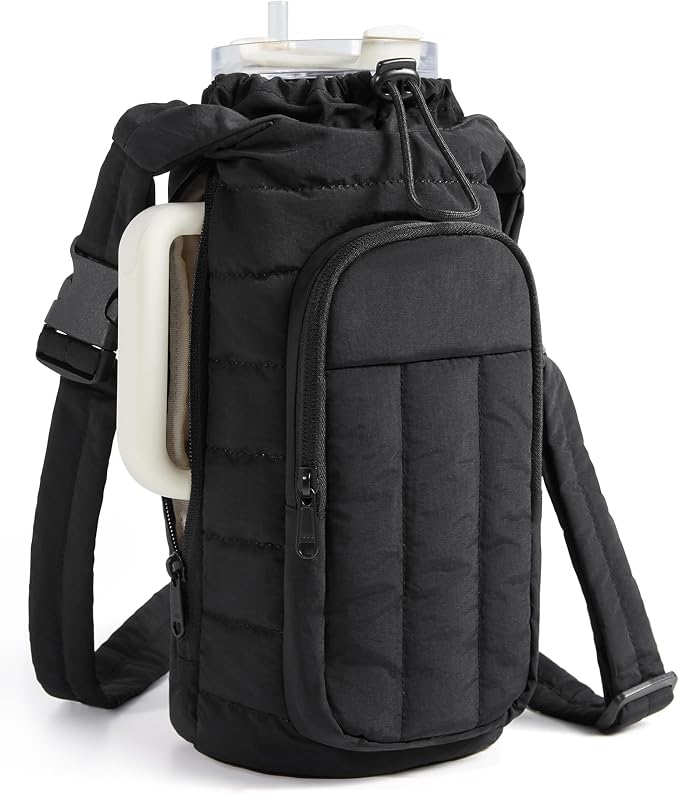 BAGSMART 40oz Water Bottle Holder with Strap, Quilted Gym Accessories | Magnetic or Classic Design, Lightweiht Tumbler Drink Carrier, Quilted Crossbody Purse