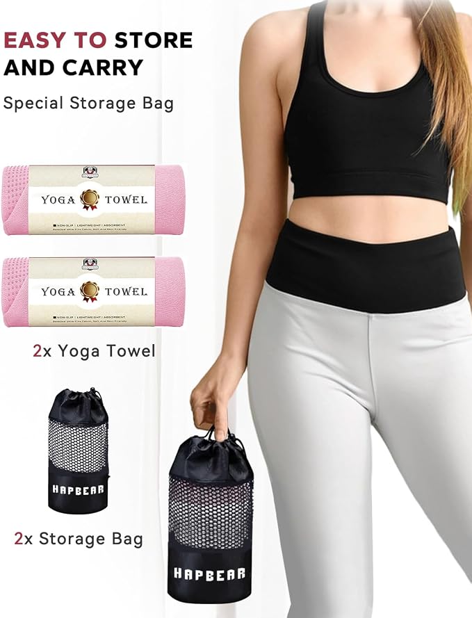 HAPBEAR 2 Pack Non Slip Yoga Mat Towel with Grip Dots, 72" x 24" Hot Yoga Towel - Super Absorbent Microfiber Yoga Towel for Hot Yoga, Bikram, Pilates and Gym Workout - Pink