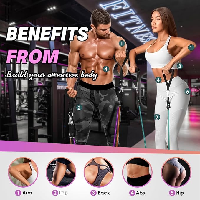 WHATAFIT Resistance Bands with Handles, 5-Level Exercise Bands for Workout | Natural latex,10-50 lbs, stackable to 150,Ankle Straps, Door Anchor,Guide. For Strength, Yoga,Home Gym,Travel & Workout.