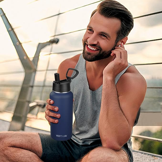 Insulated Water Bottle With Straw,32 oz Vacuum Insulated Stainless Steel Sports Water Flask,Keeps Cold and Hot,Metal Water Bottle Wide Mouth for Gym Travel Camping (Nave blue)
